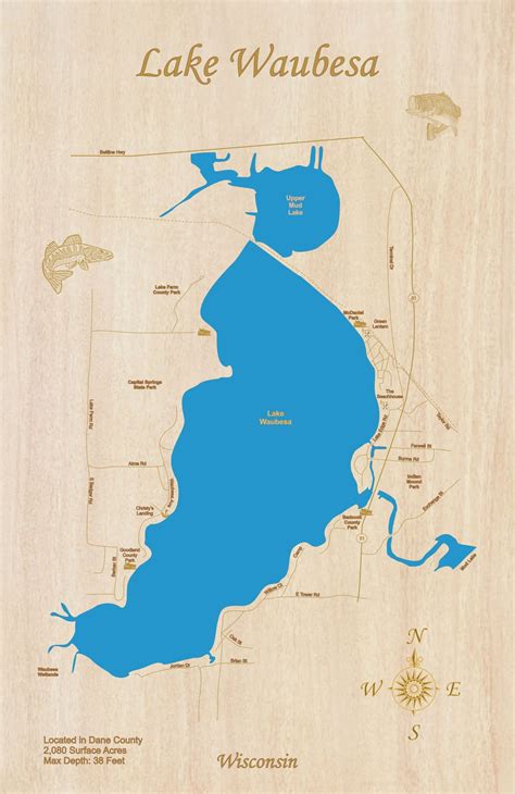 Lake Waubesa Wisconsin Laser Cut Wood Map Personal Handcrafted Displays