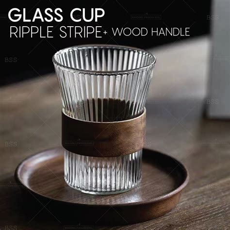 Jual Gelas Kaca Rim Pegangan Kayu Aesthetic Ml Kafe Ripple Tinggi Yo