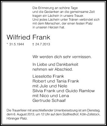 Traueranzeigen Von Wilfried Frank Wirtrauern