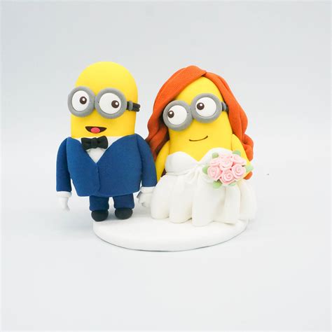 World Cake Topper. Red hair bride Minions Wedding Cake Topper