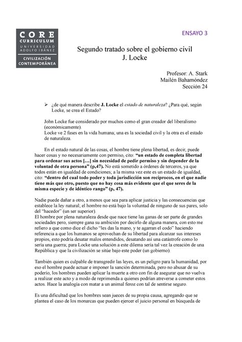 Ensayo 3 ENSAYO 3 Segundo Tratado Sobre El Gobierno Civil J Locke