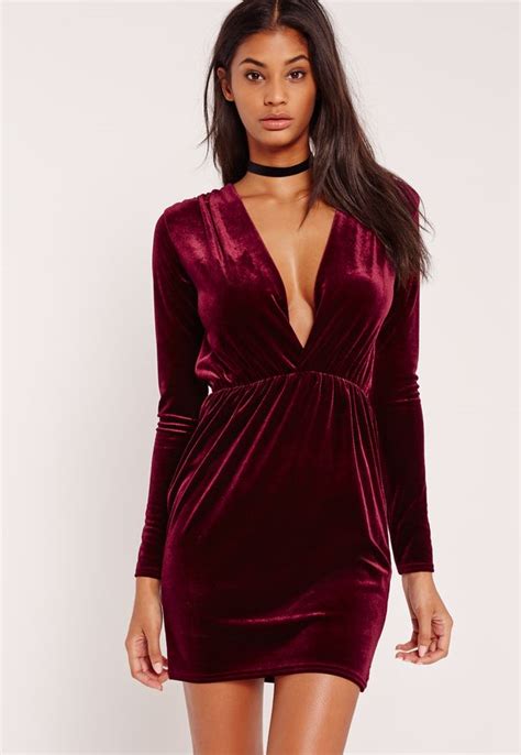 Missguided Long Sleeve Plunge Ruched Waist Velvet Dress Burgundy