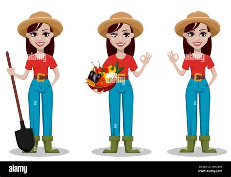 Female Farmer Cartoon Character Set Of Three Poses Cheerful Gardener