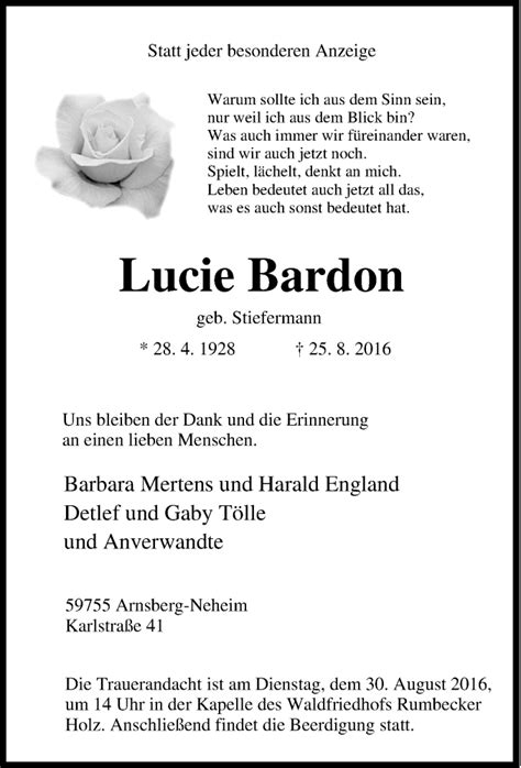 Traueranzeigen Von Lucie Bardon Trauer In NRW De