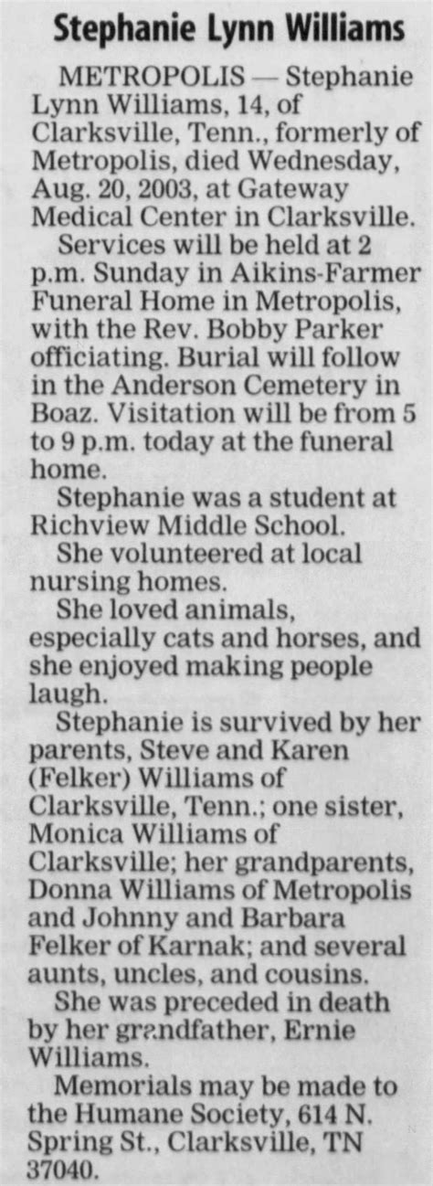 Obituary For Stephanie Lynn Williams Aged 14