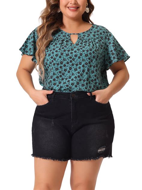 Agnes Orinda Womens Plus Size Shirts Chiffon Tops Keyhole Flared Short