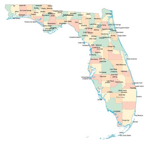 Administrative map of Florida state with major cities | Florida state ...