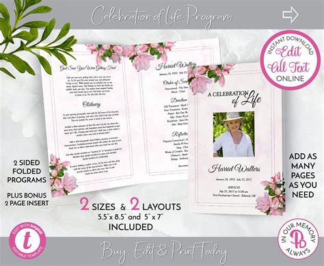 Pink Floral Funeral Program Obituary Template Celebration Of Etsy