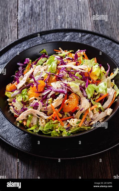 Chinese Chicken Salad With Shredded Chicken Meat Mandarin Oranges Crunchy Noodles Red Cabbage