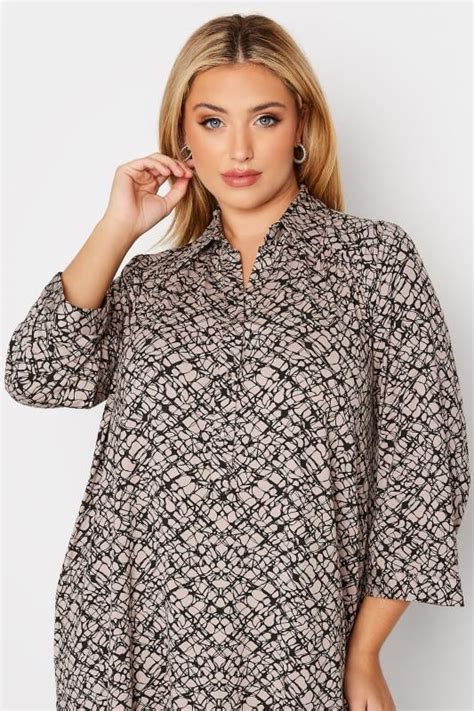 Curve Charcoal Grey Black Half Placket Abstract Pattern Shirt Yours