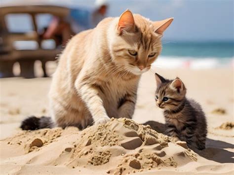 Premium Photo Ginger Cat And Kitten Playing Together In Sand On The Beach