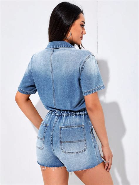 Shein Essnce Mono Mezclilla Con Bolsillo Con Solapa Desgarro Bajo Crudo