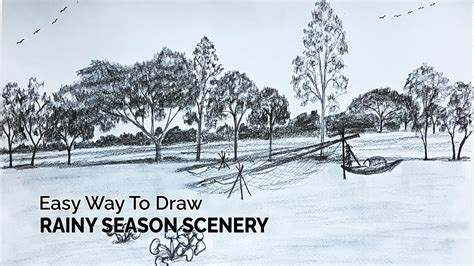 Landscape Rainy Season Scenery Drawing How To Draw Rainy Season