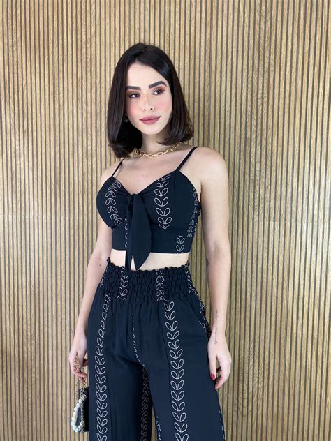 Conjunto Cal A Pantalona E Cropped Bojo Estampado Preto Fernanda