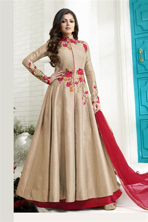 Bollywood Drashti Dhami Art Silk Party Wear Anarkali Suit In Beige