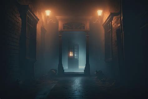 Premium Photo | Dark scary alley in horror house with fog and glowing pump