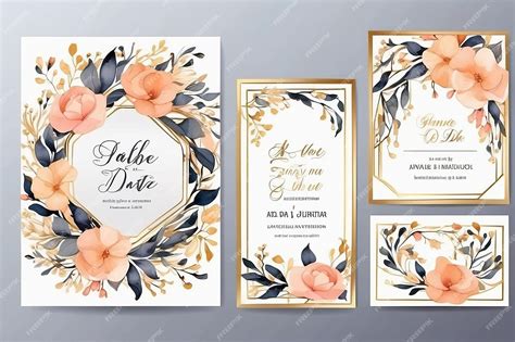 Cuadro Floral De Acuarela Plantilla De Tarjetas De Invitación De Boda Con Marco De Oro