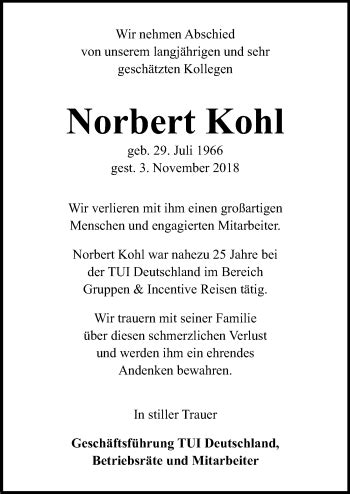 Traueranzeigen Von Norbert Kohl Trauer Anzeigen De