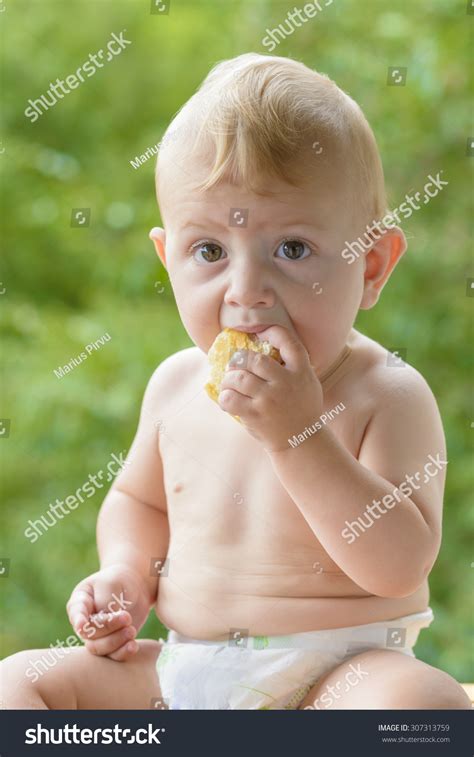 Cute Naked Baby Eating Bread Sitting Stock Photo Shutterstock