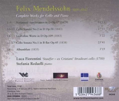 C M D Mendelssohn Complete Works For Cello And Piano Cd