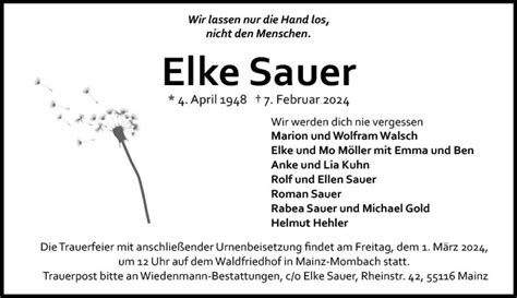 Traueranzeigen Von Elke Sauer Vrm Trauer De