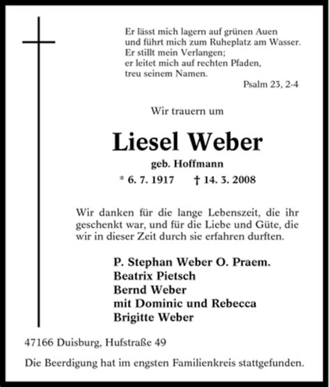 Traueranzeigen Von Liesel Weber Trauer In Nrw De