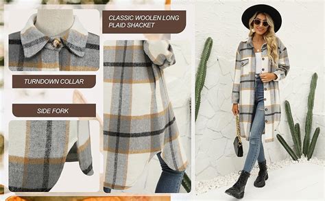 Seekme Women S Plaid Brushed Wool Shacket Flap Pocket Lapel Button Down Long Shirt Jacket At