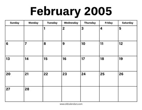 February 2005 Calendar – Printable Old Calendars