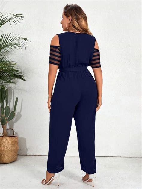 Shein Mulvari Plus Contrast Mesh Cold Shoulder Belted Jumpsuit Shein Usa