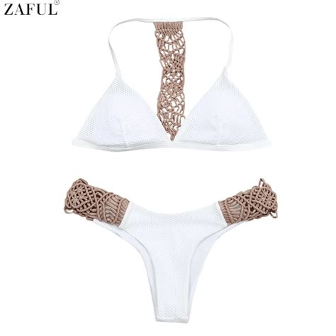 Zaful Women New Macrame Fishnet Padded Bikini Set Sexy Low Waist