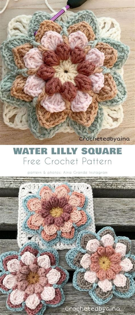 Crocheted Flower Coasters With Text That Reads Water Lily Square Free