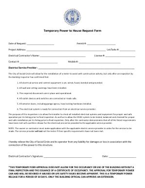 Fillable Online Temporary Power To House Request Form City Of Social