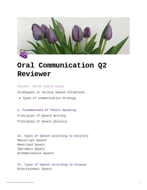 Oral Communication Quarter Reviewer For Finals Oral Communication