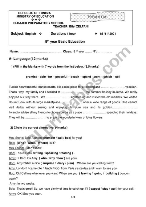 Mid Term 1 English Test For 8 Th Grade Students Esl Worksheet By Piranhac