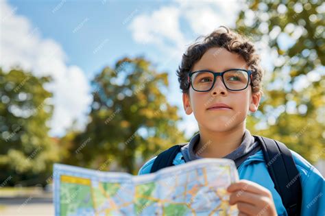 Niño Con Gafas En Una Excursión Escolar Sosteniendo Un Mapa Foto Premium