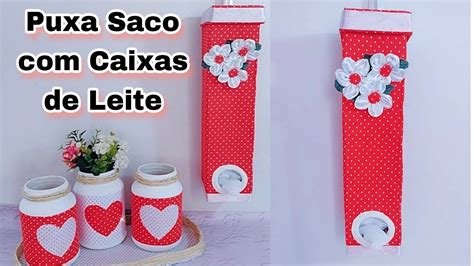 Diy Puxa Saco Caixas De Leite E Fuxico Ideia Linda De Reciclagem