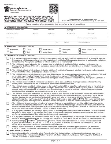 Pa Dmv Form Mv B Application For Reconstructed Specially