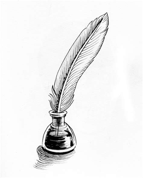 Pluma Y Botella De Tinta Dibujo A Tinta En Blanco Y Negro Foto Premium