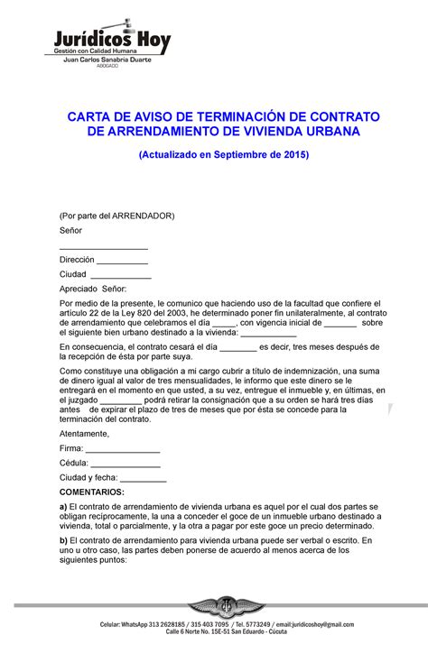 Labace Carta De Aviso De Terminacion De Contrato De Arrendamiento