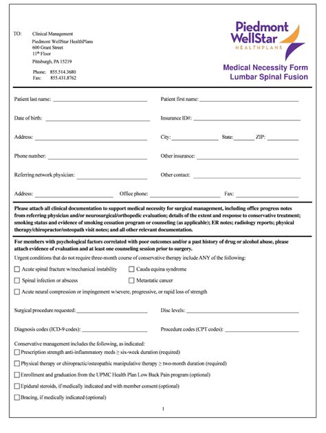 Fillable Online Medical Necessity Form Lumbar Spinal Fusion Piedmont