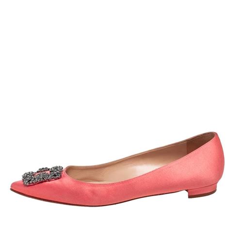 Manolo Blahnik Coral Pink Satin Hangisi Embellished Ballet Flats Size