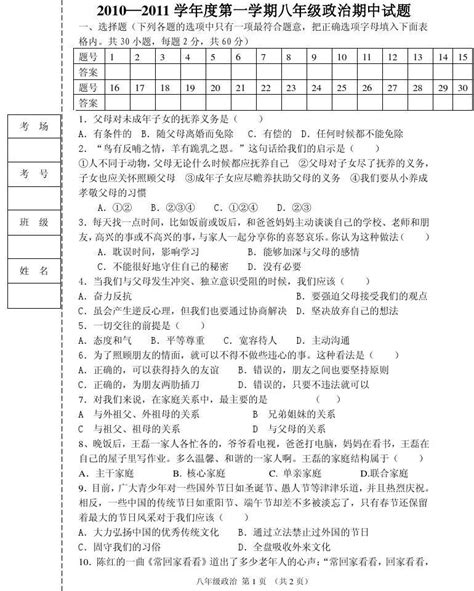 2010—2011学年度第一学期八年级政治期中试题word文档在线阅读与下载无忧文档