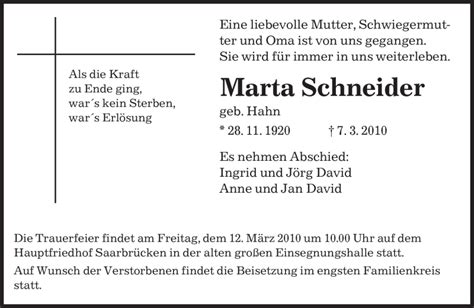 Traueranzeigen Von Marta Schneider Saarbruecker Zeitung Trauer De