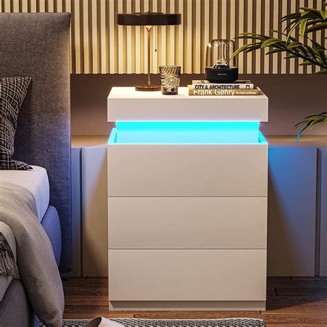 Modern Nightstand With Charging Station And LED Lights 3 Drawers