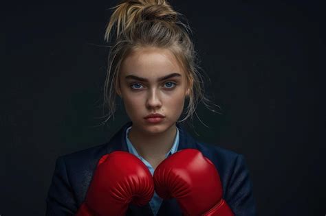 An Executive Woman Stands Confidently Fists Raised In Red Boxing Gloves