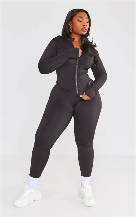 Plus Black Sculpt Ruched Front Zip Up Sport Jacket Activewear