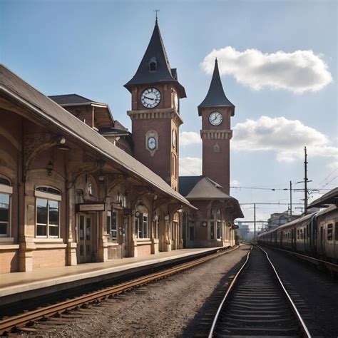 Premium AI Image | Train Station with Clock Tower and Tracks