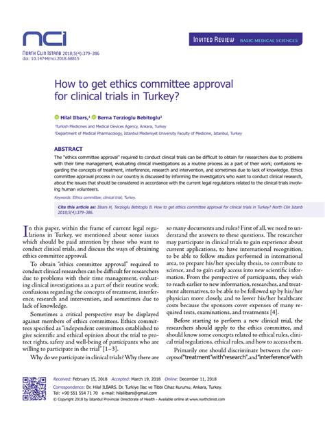 Pdf How To Get Ethics Committee Approval For Clinical Trials In Turkey