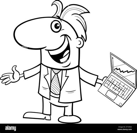 Black And White Cartoon Illustration Of Happy Businessman Character In