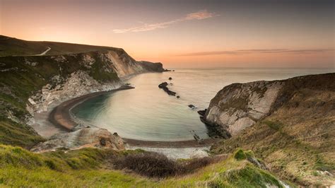 England, bay, sea, rocks, grass, beach, sunset Wallpaper | 1920x1080 ...